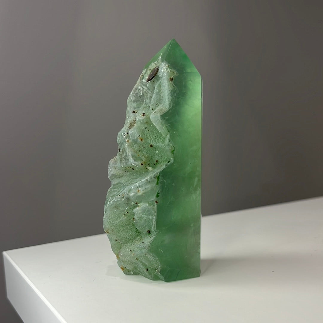 Half Raw Half Polished Green Fluorite Point