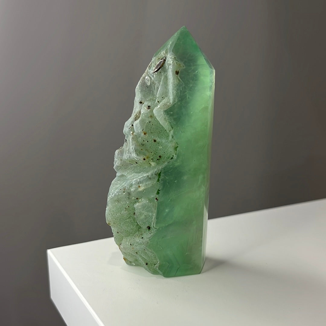 Half Raw Half Polished Green Fluorite Point