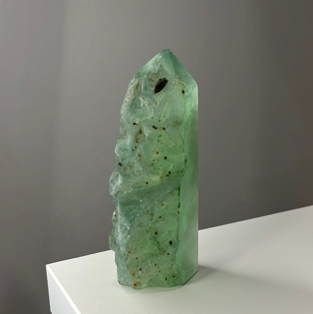 Half Raw Half Polished Green Fluorite Point